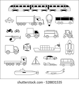 Transport icon set. Plane, car, truck, ship, train, ufo in black and white lineart style. Vector icon isolated on white background.
