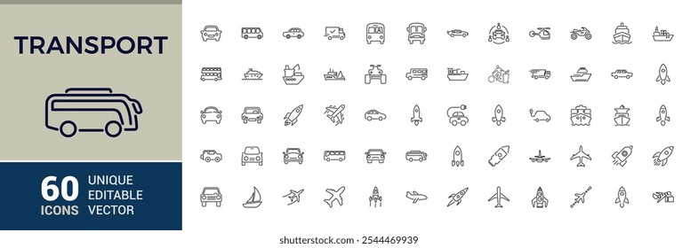 Transport icon set. Related to station, bike, airport, transportation, air, helicopter and more. Thin outline icons pack. Vector illustration in modern line style.