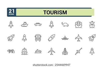 Transport icon set. Related to station, bike, airport, transportation, air, helicopter and more. Thin outline icons pack. Vector illustration in modern line style.