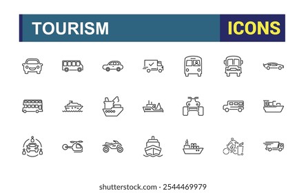 Transport icon set. Related to station, bike, airport, transportation, air, helicopter and more. Thin outline icons pack. Vector illustration in modern line style.