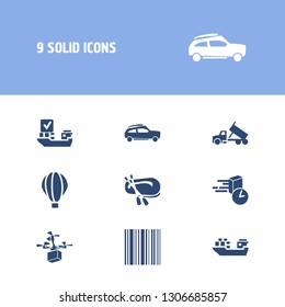 Transport icon set and rubber boat with delivery drone, hot air balloon and cargo ship. Airship related transport icon vector for web UI logo design.