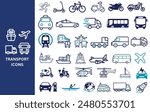 Transport Icon Set. Run, bicycle, bike, scooter, motorbike, car, bus,  train, plane, sailboat, truck, icons, Vector illustration.