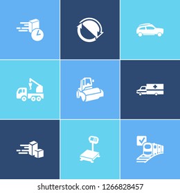 Transport icon set and suv with express delivery, ship by train and ambulance. Tow car related transport icon vector for web UI logo design.
