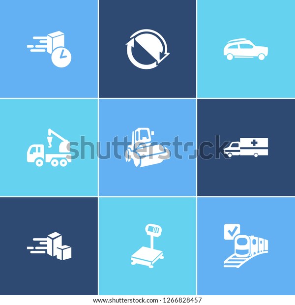 Transport icon set and suv with express delivery,\
ship by train and ambulance. Tow car related transport icon vector\
for web UI logo\
design.