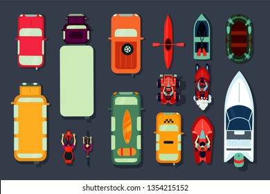 Transport icon set. Top view of cars, bikes and boats. Flat cartoon style. Vector signs collection.