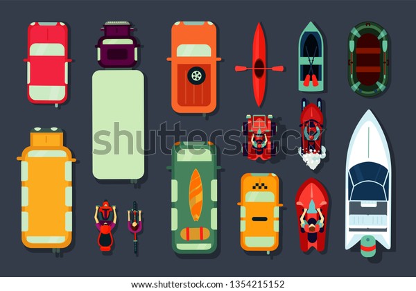 Transport icon set. Top view of\
cars, bikes and boats. Flat cartoon style. Vector signs\
collection.