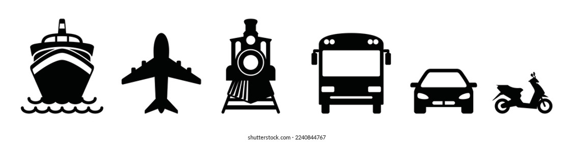 Transport icon set. Transportation in flat style on white background. Motorcycle, car, bus, train, plane or airplane, and ship icon vector for apps and websites, symbol illustration