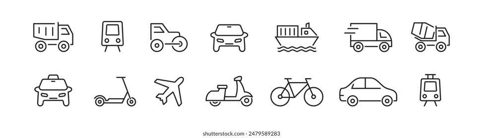 Transport icon. Set of transportation icons. Car, plane, train, bicycle. Vector illustration.