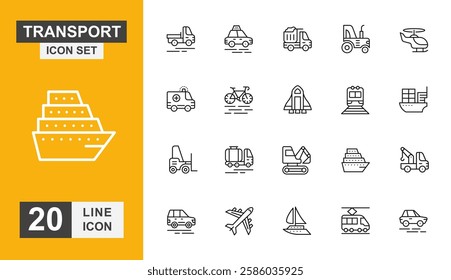 Transport icon set. Truck, bus, motorcycle, airplane, helicopter, ship and more line icon.