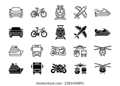 Transport icon set. Various vehicles for land, air, and sea travel. Airplane, ship, bus, train, helicopter, bicycle, motorcycle, car, and jetski symbols. Urban mobility and public transit pictogram.