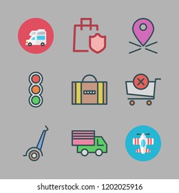 transport icon set. vector set about airplane, suitcase, cargo truck and shopping cart icons set.