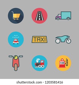 transport icon set. vector set about carts, gas station, train and cargo truck icons set.