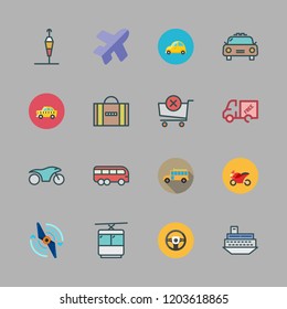 transport icon set. vector set about wind sign, taxi, motorbike and steering wheel icons set.