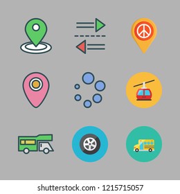 transport icon set. vector set about transfer, cable car cabin, trailer and tire icons set.