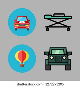 transport icon set. vector set about hot air balloon, car, stretcher and suv icons set.