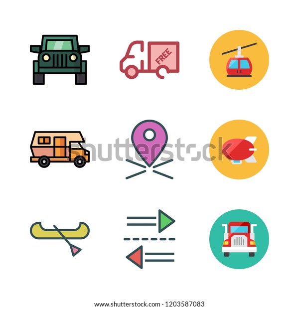 transport icon set. vector set about\
cable car cabin, boat, transfer and zeppelin icons\
set.