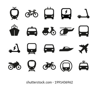 Transport icon set vector illustration. Bus, plane, ship, car, train, bike, scooter sign