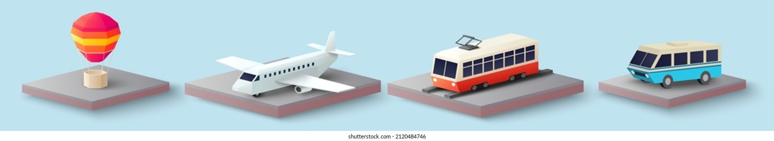 Transport icon set, vector isolated illustration. Paper cut hot air balloon, plane, bus and tram. Passenger transportation vehicles.