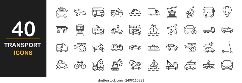 Transport icon set. Vehicle icons. Containing car, bike, plane, train, bicycle, motorbike, bus, scooter, taxi, helicopter, ship, plane, truck, tow truck, sailboat and more. Vector illustration