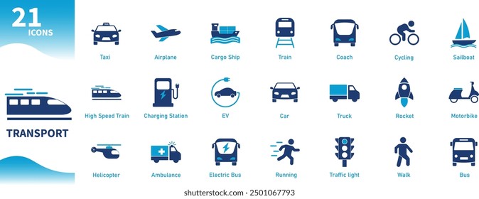 Icono de transporte. Conjunto de iconos de vehículos, tráfico, envío, vehículo eléctrico, autobús, camión. Iconos sólidos del vector.