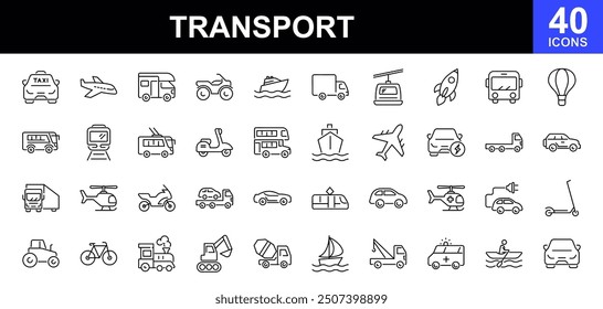 Transport icon set. Vehicle icons. Containing car, bike, plane, train, bicycle, motorbike, bus, scooter, taxi, helicopter, ship, plane, truck, tow truck, sailboat and more. Vector illustration