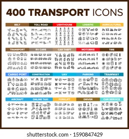 Transport Icon Thin Line Big Set Vector. Transport Symbol Package Bundle. Isolated Sign For Web Design Illustrations