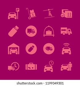 transport icon. transport vector icons set parked car, baggage cart, man on cable car and man with car