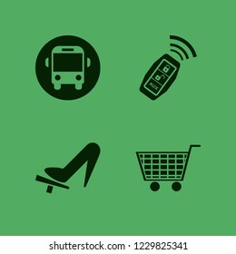 transport icon. transport vector icons set woman shoe on the pedal, shopping cart, car key signal and school bus