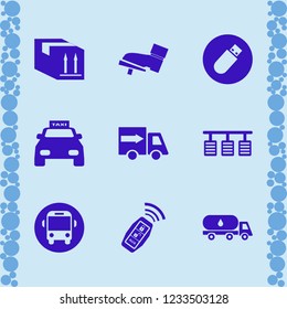 transport icon. transport vector icons set parcel box, foot on the pedal, taxi cab and flash driver
