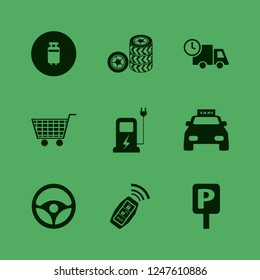 transport icon. transport vector icons set taxi cab, parking sign, steering wheel and travelling luggage