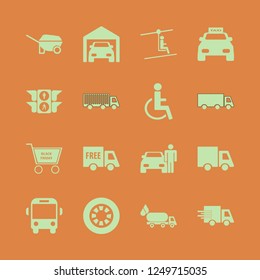 transport icon. transport vector icons set man on cable car, free delivery, school bus and wheel