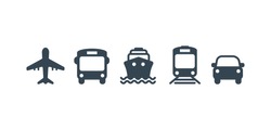 Transport icons. Airplane, Public bus, Train, Ship/Ferry and auto signs. Shipping delivery symbol. Air mail delivery sign. Vector