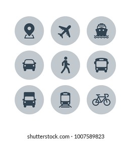 Transport icons  Airplane  Public bus  Train  Ship/Ferry  Car  walk man  bike  truck   auto signs  Shipping delivery symbol  Air mail delivery sign  Vector