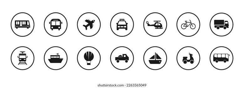 Transport icons. Airplane, Public bus, Train, Ship, Ferry and auto signs. Shipping delivery symbol.