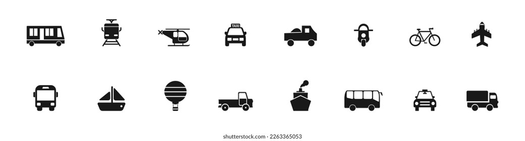 Transport icons. Airplane, Public bus, Train, Ship, Ferry and auto signs. Shipping delivery symbol.