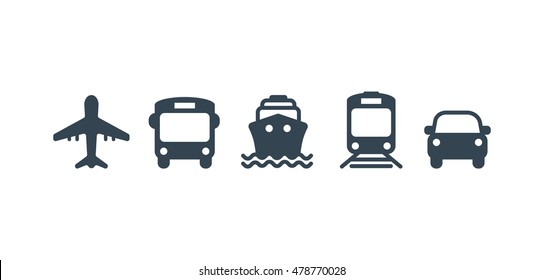 Transport icons. Airplane, Public bus, Train, Ship/Ferry and auto signs. Shipping delivery symbol. Air mail delivery sign. Vector - Shutterstock ID 478770028