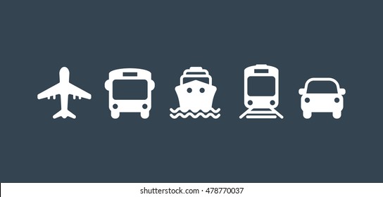 Transport icons. Airplane, Public bus, Train, Ship/Ferry and auto signs. Shipping delivery symbol. Air mail delivery sign. Vector