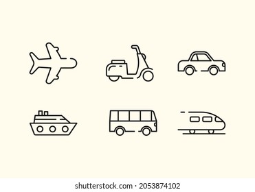 Transport icons. Airplane, Scooter, Car, Ship, Bus and Train. Transport symbol. Airmail delivery sign.
