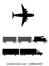 Transport icons. Airplane, Train and auto signs. Shipping delivery symbol. Air mail delivery sign. Vector