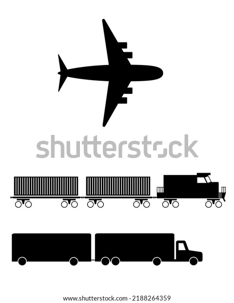 Transport icons. Airplane,\
Train and auto signs. Shipping delivery symbol. Air mail delivery\
sign. Vector