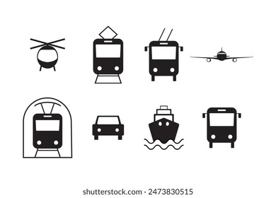 Transport icons for airplanes, public buses, trains, boats, ferries and car badges, isolated on white background. Design template for web, print. Flat vector illustration