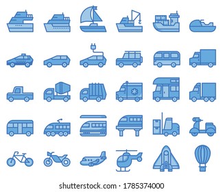 transport icons blue two tone vector illustration , car, truck, boat,