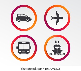 Transport icons. Car, Airplane, Public bus and Ship signs. Shipping delivery symbol. Air mail delivery sign. Infographic design buttons. Circle templates. Vector