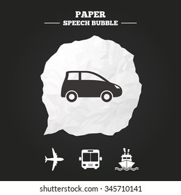 Transport icons. Car, Airplane, Public bus and Ship signs. Shipping delivery symbol. Air mail delivery sign. Paper speech bubble with icon.