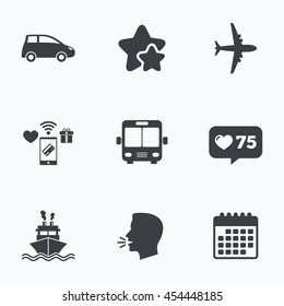 Transport icons. Car, Airplane, Public bus and Ship signs. Shipping delivery symbol. Air mail delivery sign. Flat talking head, calendar icons. Stars, like counter icons. Vector