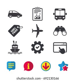 Transport icons. Car, Airplane, Public bus and Ship signs. Shipping delivery symbol. Air mail delivery sign. Browser window, Report and Service signs. Binoculars, Information and Download icons