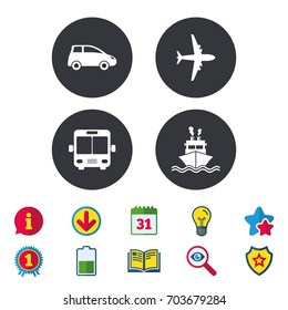 Transport icons. Car, Airplane, Public bus and Ship signs. Shipping delivery symbol. Air mail delivery sign. Calendar, Information and Download signs. Stars, Award and Book icons. Vector