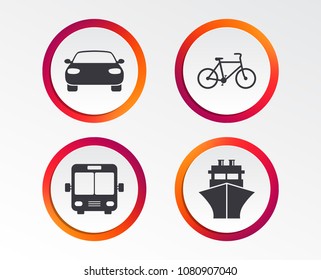 Transport icons. Car, Bicycle, Public bus and Ship signs. Shipping delivery symbol. Family vehicle sign. Infographic design buttons. Circle templates. Vector