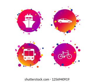 Transport icons. Car, Bicycle, Public bus and Ship signs. Shipping delivery symbol. Family vehicle sign. Gradient circle buttons with icons. Random dots design. Vector