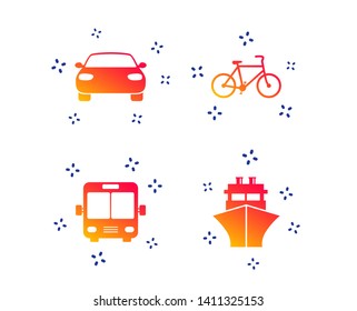 Transport icons. Car, Bicycle, Public bus and Ship signs. Shipping delivery symbol. Family vehicle sign. Random dynamic shapes. Gradient transport icon. Vector